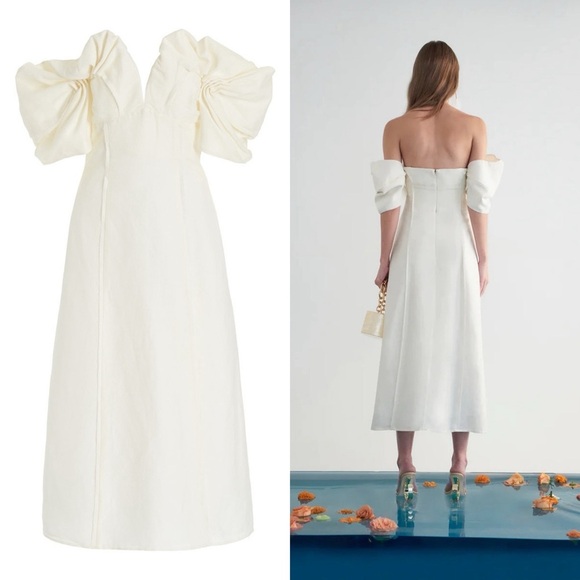Cult Gaia Muna Dress Silk Linen Off White Puff Sleeve Midi NWT Size 10 - Picture 12 of 13
